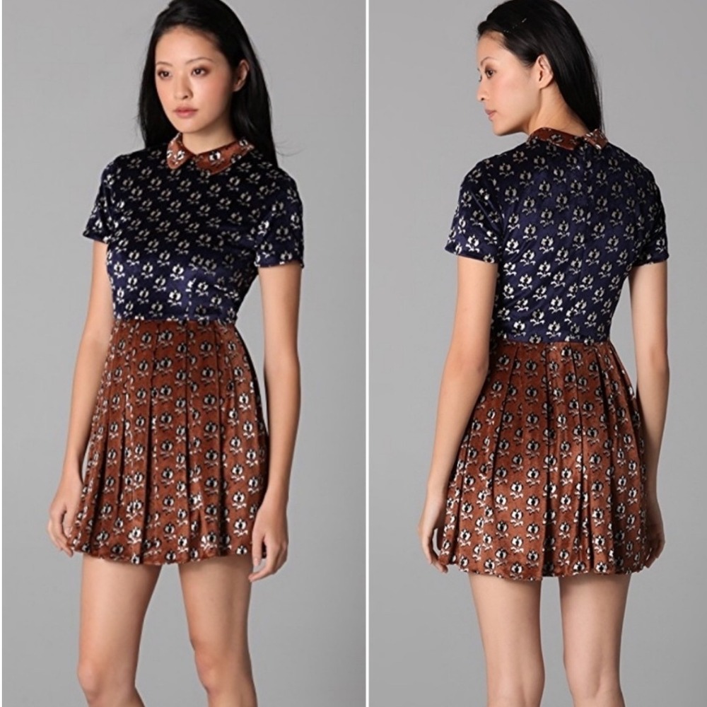 Opening‎ Ceremony Dress XS Babydoll Academia Blue Brown Floral Mini  Peter Pan